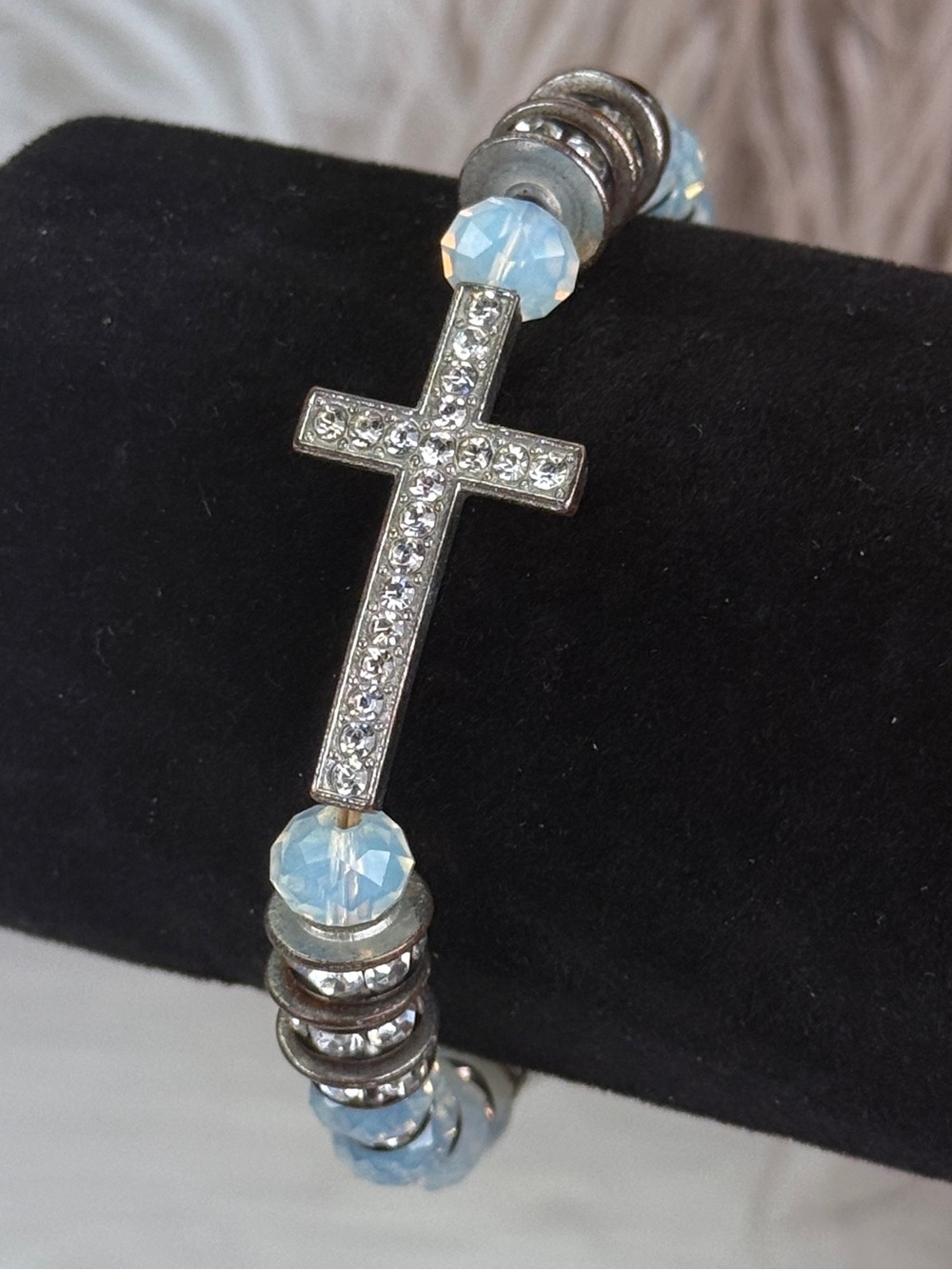 Light Blue Faceted Bead Crystal Cross Stretch Bracelet Silver Tone